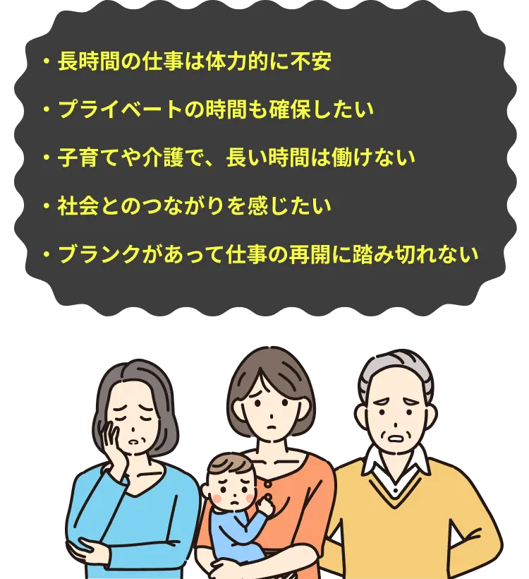 「長時間の仕事は体力的に不安」「プライベートの時間も確保したい」「子育てや介護で、長い時間は働けない」「社会とのつながりを感じたい」「ブランクがあって仕事の再開に踏み切れない」と悩む赤ちゃんを抱えた女性とシニア世代の男性・女性